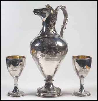 Silver Claret Jug and Pair of Goblets depicting St. Andrew's Church & Beaver Hall, Montreal by Robert Hendery sold for $43,125