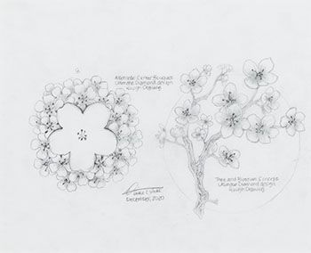 Concept Drawing—Centre Bouquet Concept 2, The Ultimate Diamond Design, Rough Drawing 2 / Étude de concept—2e dessin préliminaire du bouquet central
3e esquisse du motif diamantaire, pièce Summum by Derek C. Wicks vendu pour $1,250