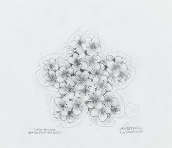 Concept Drawing—Centre Bouquet Concept 2, The Ultimate Diamond Design, Rough Drawing 3 / Étude de concept—2e dessin préliminaire du bouquet central
2e esquisse du motif diamantaire, pièce Summum by Derek C. Wicks vendu pour $1,250