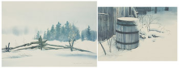 The Sentinel (#0242) and Snow Barrel (#0364) by Jack Reid sold for $188