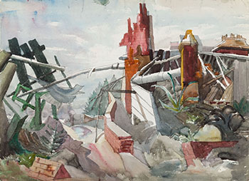 WWII Shelled Township / Hen in Cage by Jack Leonard Shadbolt