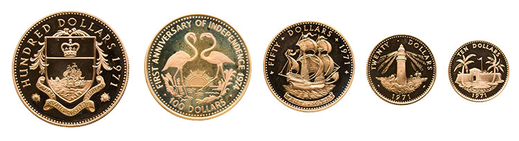 Four-coin Gold Proof Set 1971 and 100 Dollars Gold "Independence Anniversary" 1974, Total AGW (5 Pieces) 2.4092 oz par  Bahamas