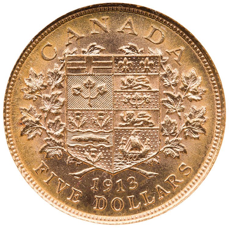 George V Gold Five Dollars 1913, Choice Uncirculated by  Canada