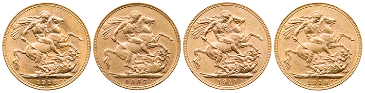 Three George V Gold Sovereigns 1911 and 1918 x 2, Ottawa Mint, and a Edward VII Gold Sovereign 1907, Perth Mint, Total AGW 0942 oz by  Canada