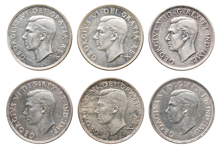 Six George VI Silver Dollars incl. 1938, 1946, and 1947 by  Canada