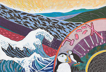 Sky Fan, Hokusai Wave and Puffins by Anne Meredith Barry vendu pour $10,000