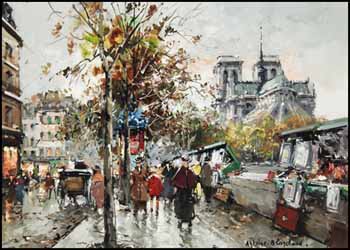 Notre-Dame de Paris et les bouquinistes sur le bord de la Seine by Antoine Blanchard sold for $7,020