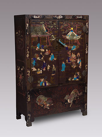 A Rare Chinese Soapstone and  Mother-of-Pearl Inlay Black Lacquer Cabinet, 18th/19th Century by Chinese Artist sold for $43,250