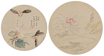 Two Rounded Paintings of Flowers by  Chinese School sold for $1,250