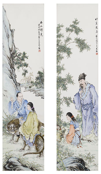 A Pair of Rare and Important Chinese Famille Rose 'Figural' Panels, 1928 by Wang Dafan sold for $133,250