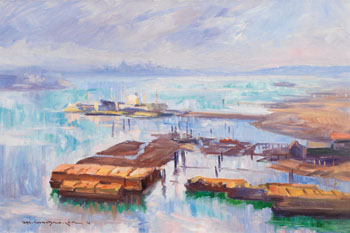 Lumber Barges, Burrard Inlet by Orestes Nicholas (Rick) de Grandmaison vendu pour $3,750