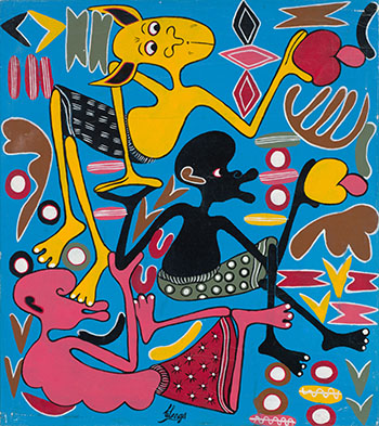 Three Figures - Pink, Yellow & Black by George Lilanga sold for $1,000