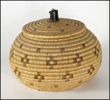 Spherical Lidded Basket with Carved Stone Bear Head Handles by Unidentified Inuit Artist sold for $4,095
