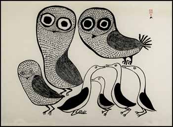Three Owls, Four Birds by Lucy Qinnuayuak sold for $1,755
