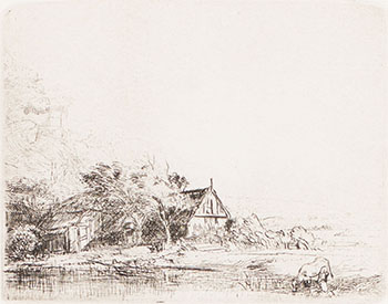 Landscape with a Cow Drinking by Rembrandt Harmenszoon van Rijn vendu pour $1,625
