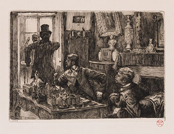 Renée Mauperin: Denoisel and Henri Mauperin's Rooms in the rue Taitbout as Boisjorand de Villacourt Enters to Challenge Him to a Duel by James Tissot vendu pour $375