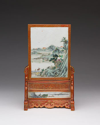 A Rare Chinese Iron Red and Famille Rose 'Landscape' Table Screen and Stand, Republican Period by Chinese Artist sold for $18,750