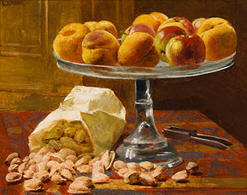Nature morte au plateau de pêches et sac de noix by Ludger Larose sold for $1,875