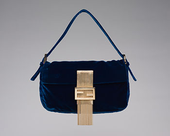 A RARE LAKE BLUE VELVET METAL FRINGE BAGUETTE WITH GOLD HARDWARE by  FENDI sold for $1,425
