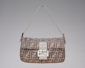 A ZUCCA FF MONOGRAM GLITTER METALLIC BAGUETTE BAG WITH SILVER HARDWARE AND CRYSTAL BUCKLE by  FENDI sold for $2,000