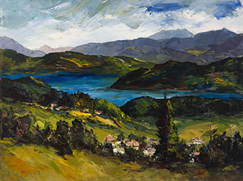 Landscape, Hill and Village (#0202) by Istvan Megyery sold for $438