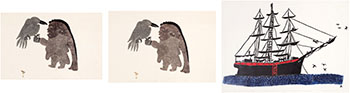 Three works: Crow with his wife Agnaklu (00400), Crow with his wife Agnaklu (00404), I Saw this Whaling Ship (00604) by Various Inuit Artists sold for $500