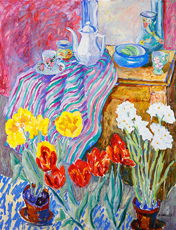Interior with Red and Yellow Tulips (03799/A90-001) by Mary Pavey sold for $1,375