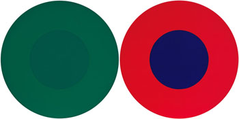 Double 12 en vert et rouge et bleu par Claude Tousignant