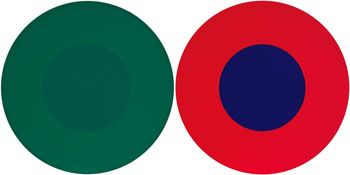 Double 12 en vert et rouge et bleu par Claude Tousignant