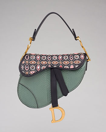 A GREEN PYTHON BEADED LEATHER MINI SADDLE BAG by  DIOR