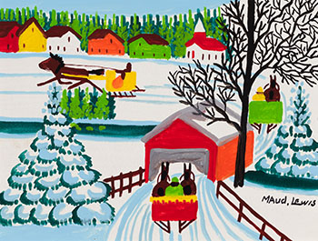 Sleigh and Covered Bridge par Maud Lewis