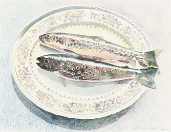 Two Trout on a Flowered Platter by Mary Frances Pratt