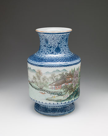 A Chinese Blue, White and Famille Rose 'Landscape' Lantern Vase, Qianlong Mark, Republican Period (1911-1949) by  Chinese Art