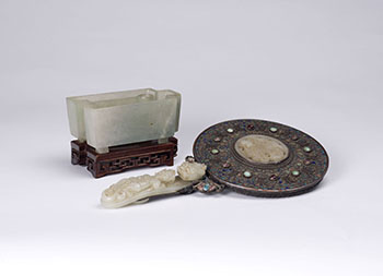 A Chinese Jadeite Coin-form Brushwasher and a Silver and Jade Mirror, 19th/20th Century by  Chinese Art