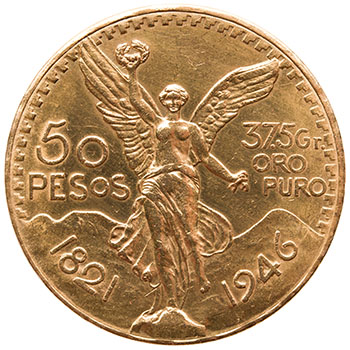 Republic Gold 50 Pesos 1946, “Quasquicentennial of Independence” by  Mexico