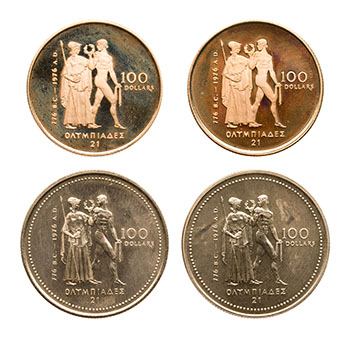 Two Elizabeth II Proof Gold and Two Brilliant Uncirculated 100 Dollars 1976, “Montreal Olympiade” by  Canada