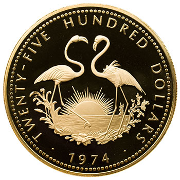 Large 72mm Gold Proof 2500 Dollars 1974, “Independence Anniversary” AGW 12.0069 oz par  Bahamas