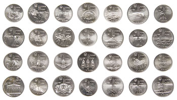 28-Piece Elizabeth II Silver Matte Uncirculated Set of $5 and $10, Series I through VII, “Montreal Olympics” by  Canada
