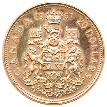 Elizabeth II Gold Specimen 20 Dollars 1967, “Confederation Centennial – Canadian Coat of Arms” by  Canada