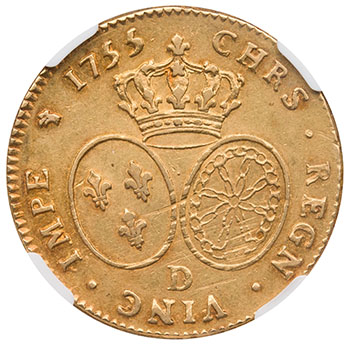 Louis XV Gold 2 Louis d’Or 1755 D, Lyon Mint, NGC AU55 par  France