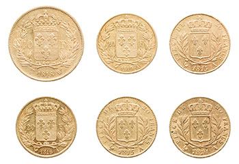 Lot of Five Bourbon Restoration Gold 20 Francs and a Gold 40 Francs, 6 Pieces Total by  France