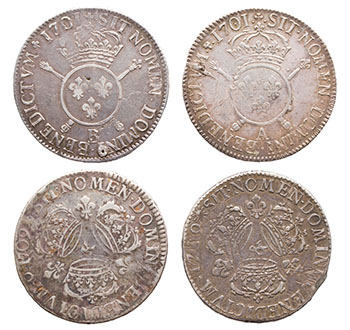 Lot of Four Louis XIV Silver Ecus, Aix, Bordeaux, Paris and Rouen Mints par  France