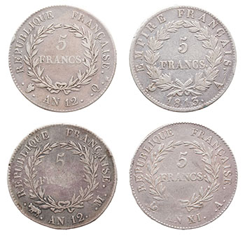 Lot of Four Napoleon Bonaparte Silver 5 Francs, as Premiere Consul and Emperor par  France