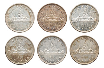 Six George VI Silver Dollars 1951, SWL and FWL par  Canada