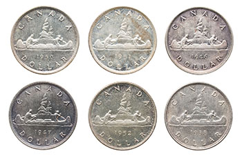 Six George VI Silver Dollars incl. 1938, 1946, and 1947 par  Canada