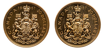 Two Elizabeth II Gold Specimen 20 Dollars 1967, “Confederation Centennial – Canadian Coat of Arms” par  Canada