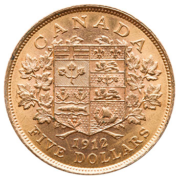 George V Gold Five Dollars 1912, About Uncirculated par  Canada