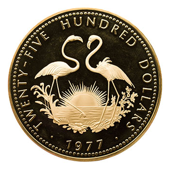 Large 72mm Gold Proof 2500 Dollars 1977, “Independence Anniversary” AGW 12.0069 oz par  Bahamas