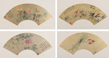 Zhang Xiong, Ling Dai, and Qian Juchao, Four Floral Fan Paintings by  Chinese Art
