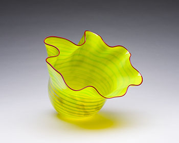 Basket (yellow with green stripes and red lip wrap) by Dale Chihuly
